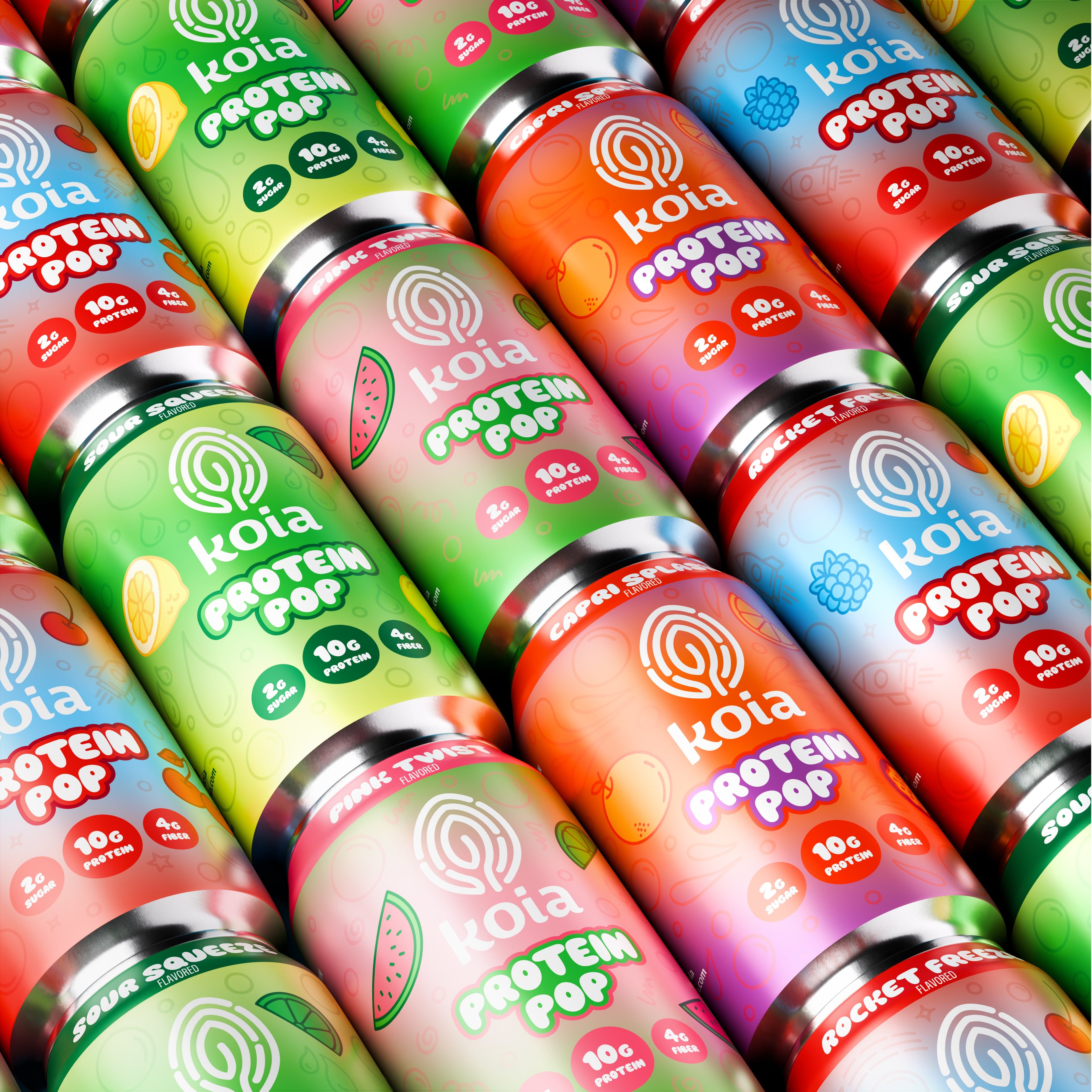 Rows of Koia protein shake bottles displayed on the floor