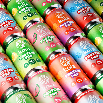 Rows of Koia protein shake bottles displayed on the floor